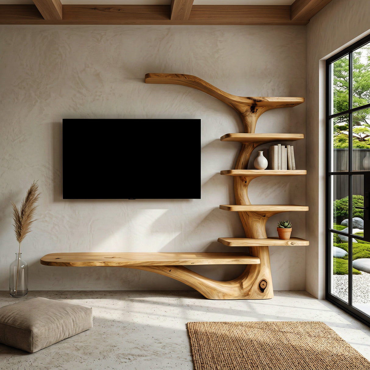 Modern TV Stand With Tree Inspired Shelf For Living Room