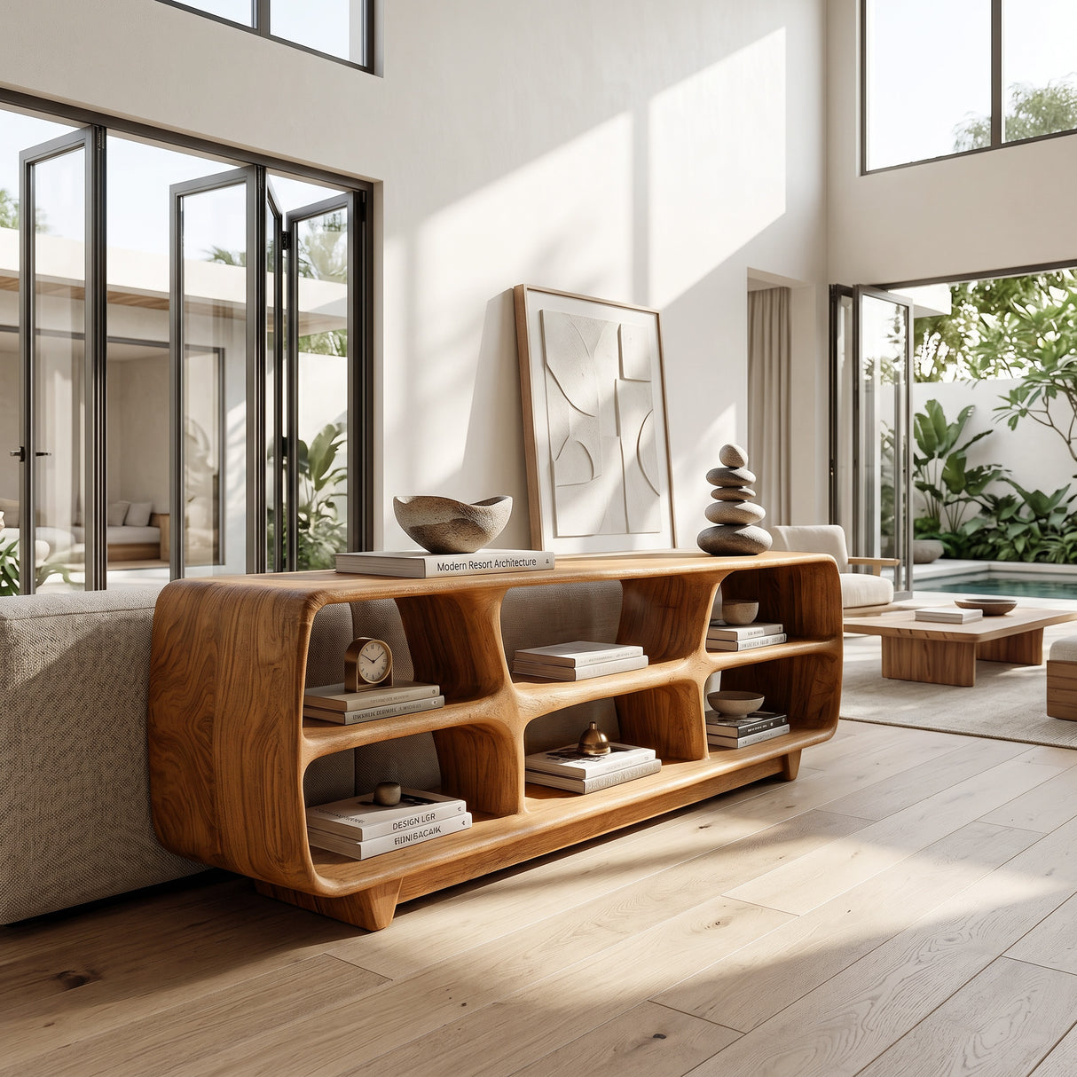 Contemporary Wooden Bookshelf With Six Display Compartments For Living Room