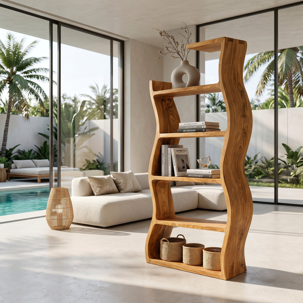 Contemporary Wooden Wavy Bookshelf With Multi Display Tiers For Living