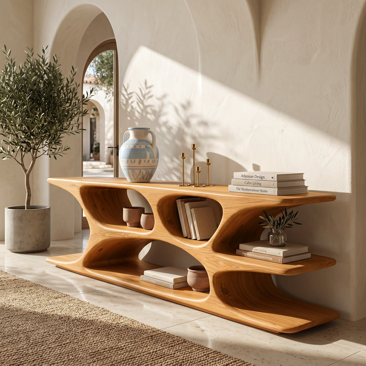 Sculptural Low Bookshelf With Multi Display Compartment For Living Room