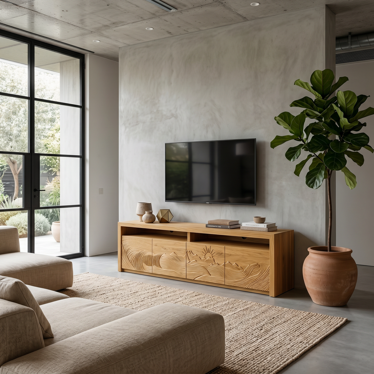 Organic TV Stand With Wave Carved Doors And Open Shelf For Home