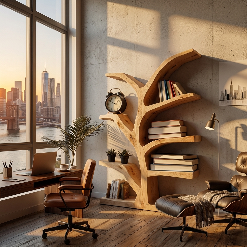 Wooden Bookshelf With Organic Form For Living Area