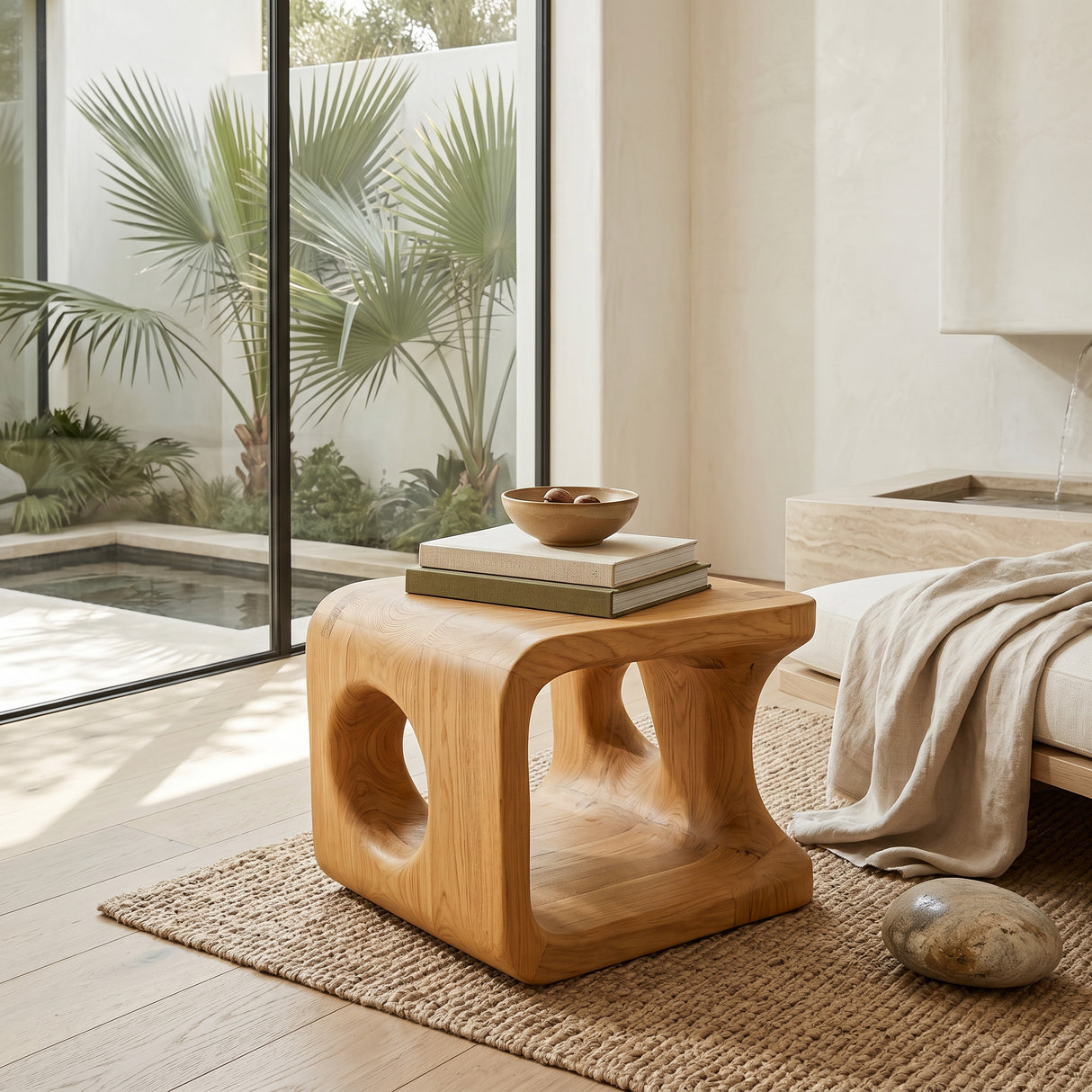 Organic Natural Wood Open Cube Side Table For Living Room