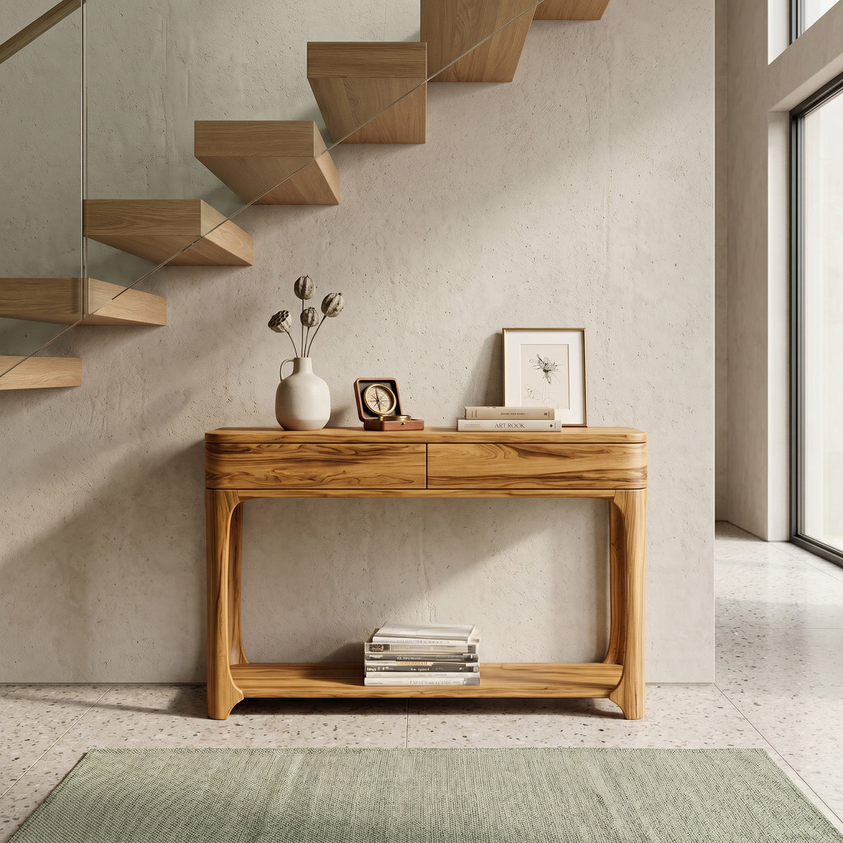 Minimalist Rounded Console Table With Two Compartments For Living Room