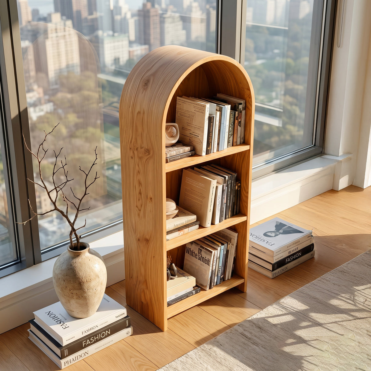 Minimalist Wooden Magazine Rack With Arched Form For Living