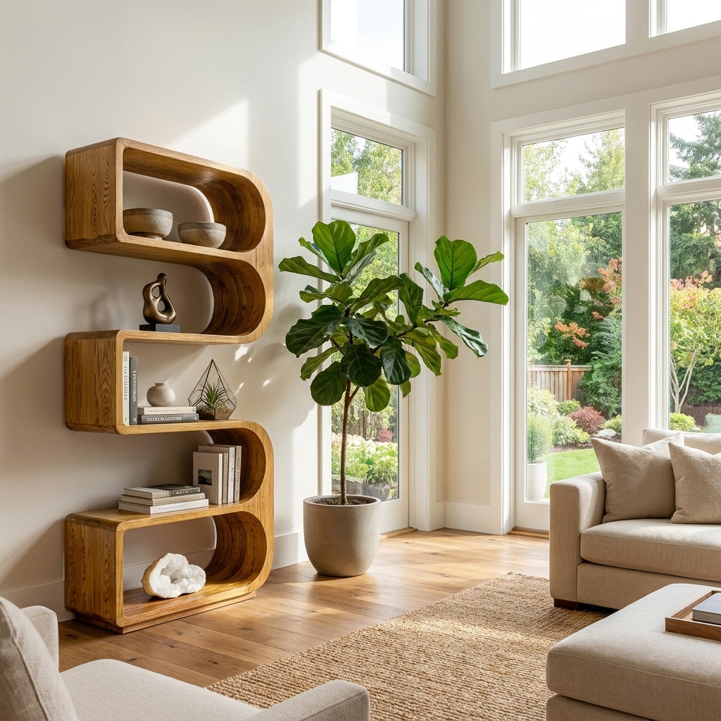 Minimalist Wooden Standing Shelf For Sunlit Living Room