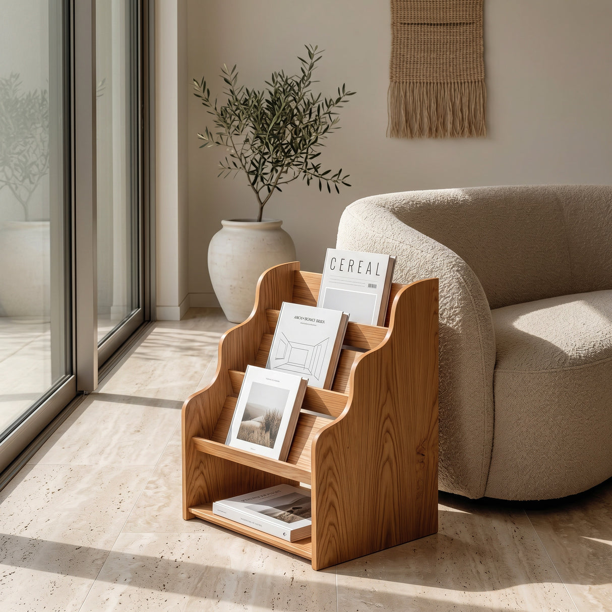 Organic Wooden Scalloped Magazine Rack For Living Room