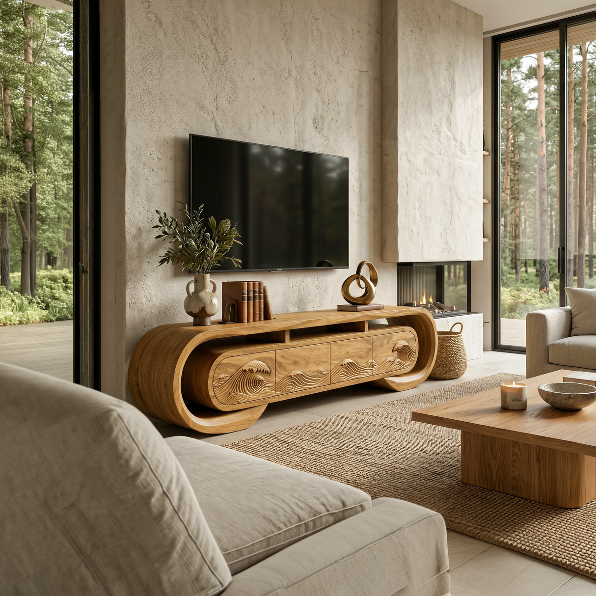 Contemporary TV Console Flowing Wave Carved Doors For Modern Interior