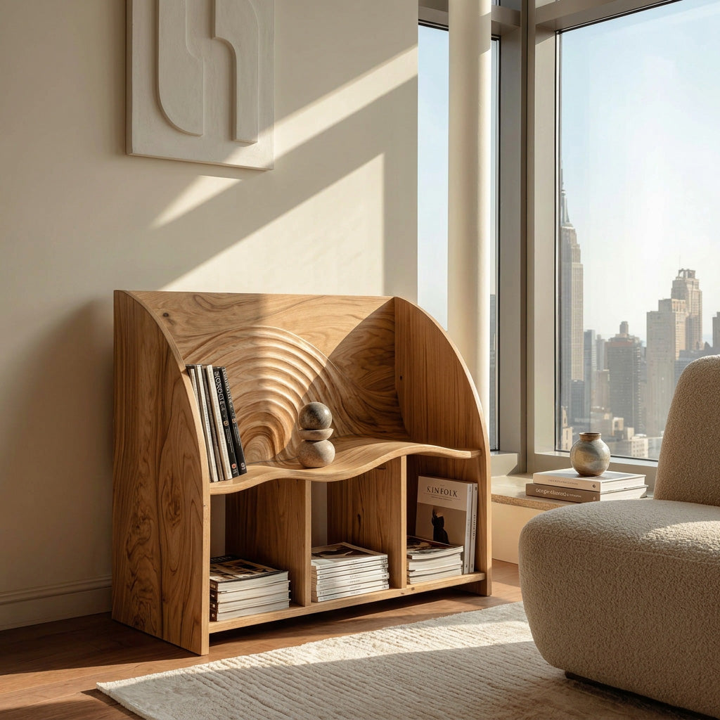 Organic Wooden Magazine Rack With Multi Open Compartments For Living