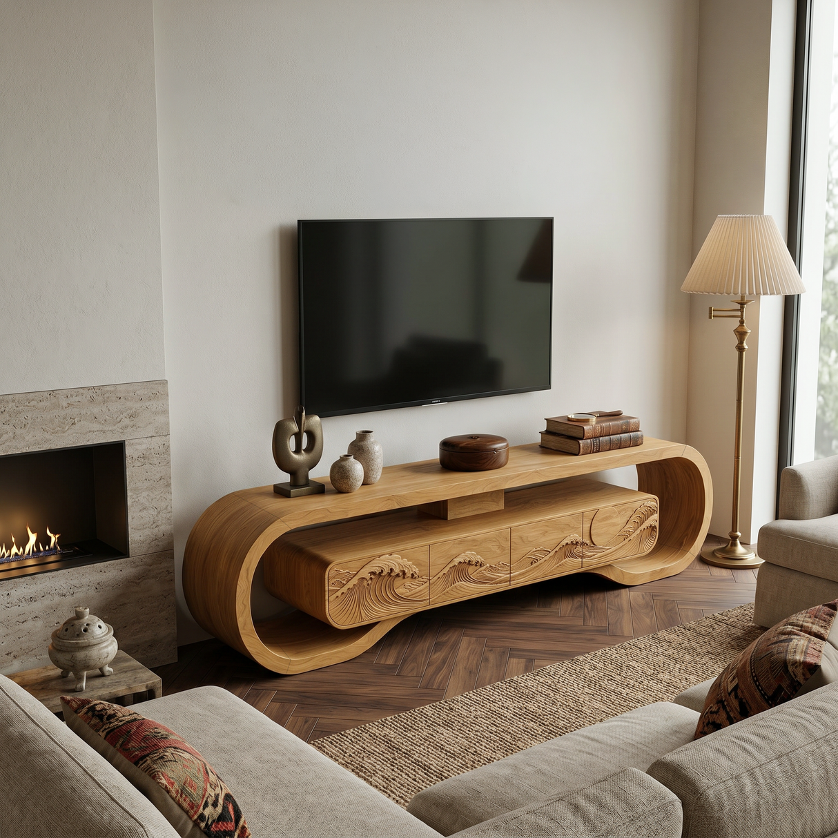 Wooden TV Stand With Carved Ocean Wave For Luxury Home