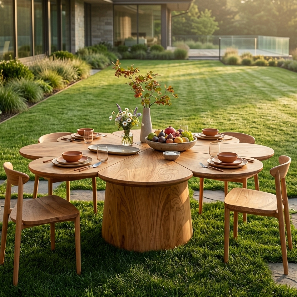 Contemporary Wooden Dining Table With Flower Shape Tabletop For Kitchen