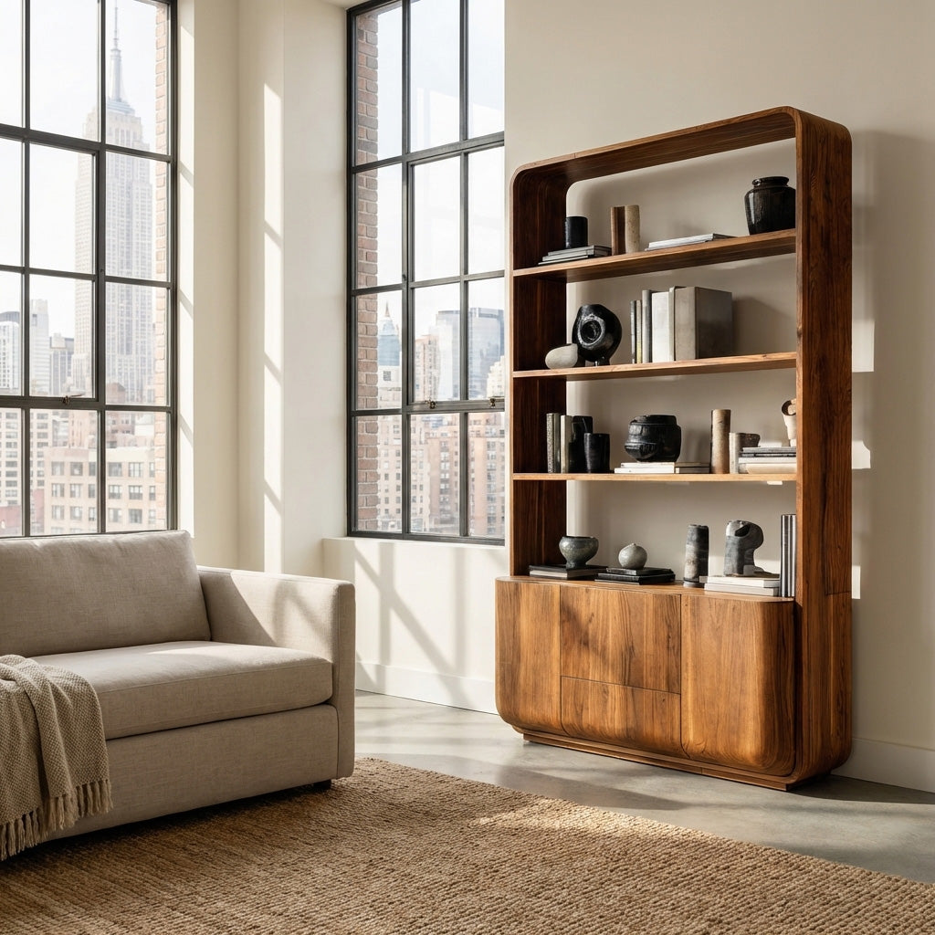 Modern Curved Frame Wood Bookshelf With Cabinets