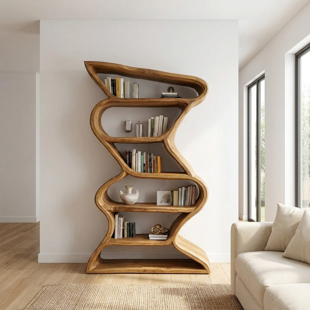 Modern Sculptural Bookshelf With Seamless Tiers For Living Room