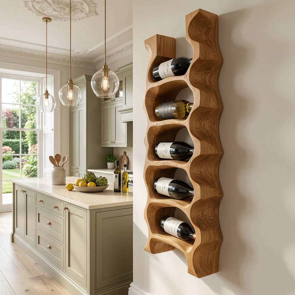 Modern Sculptural Wooden Wine Rack For Kitchen Wall Display