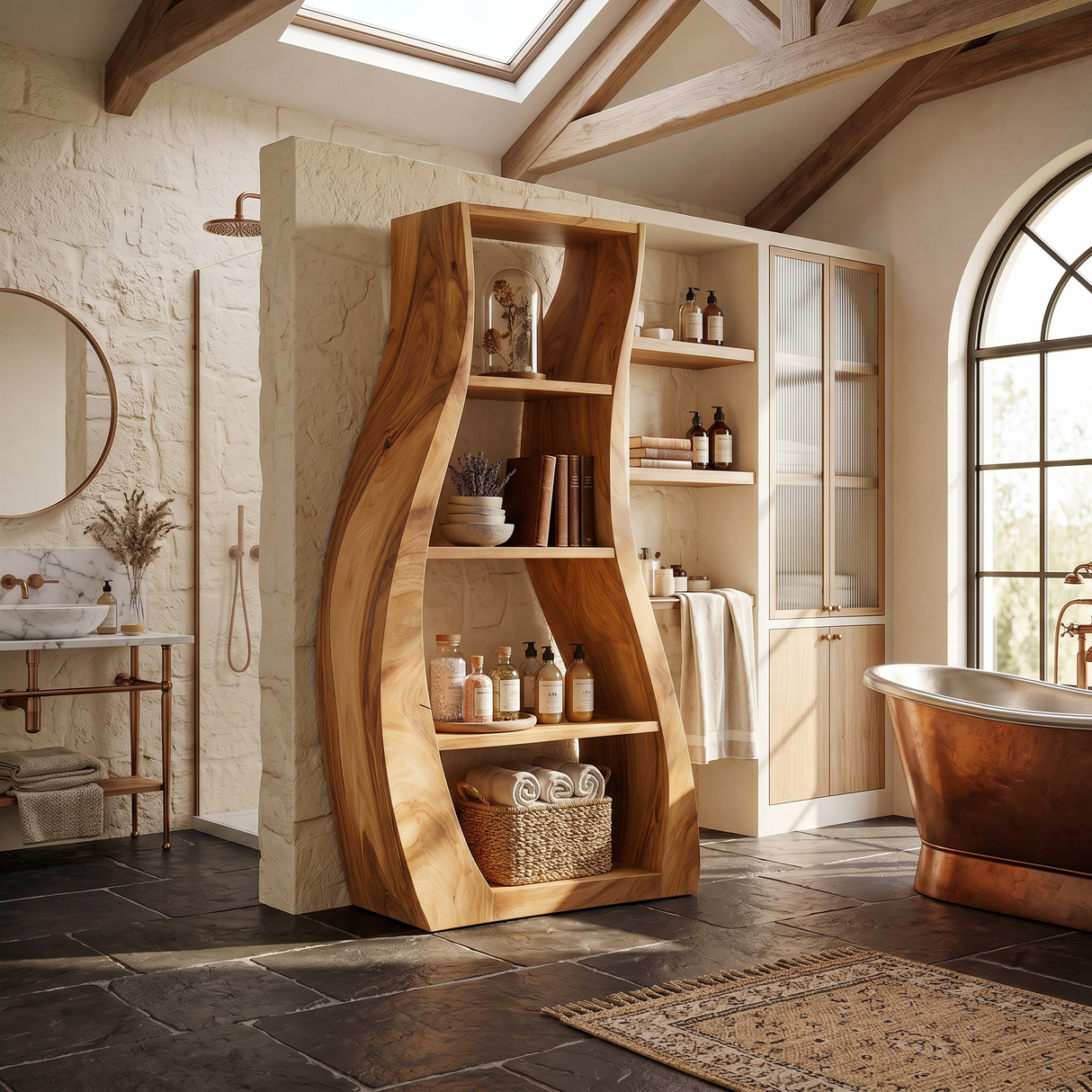 Minimalist Sculpted Wooden Accent Shelf With Flowing Silhouette