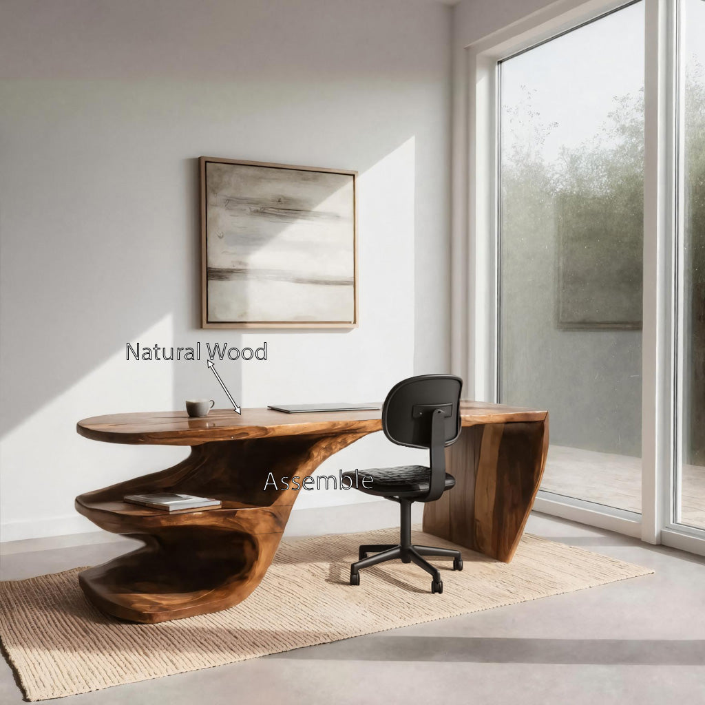 Sculptural Desk With Built-in Shelf For Home Office