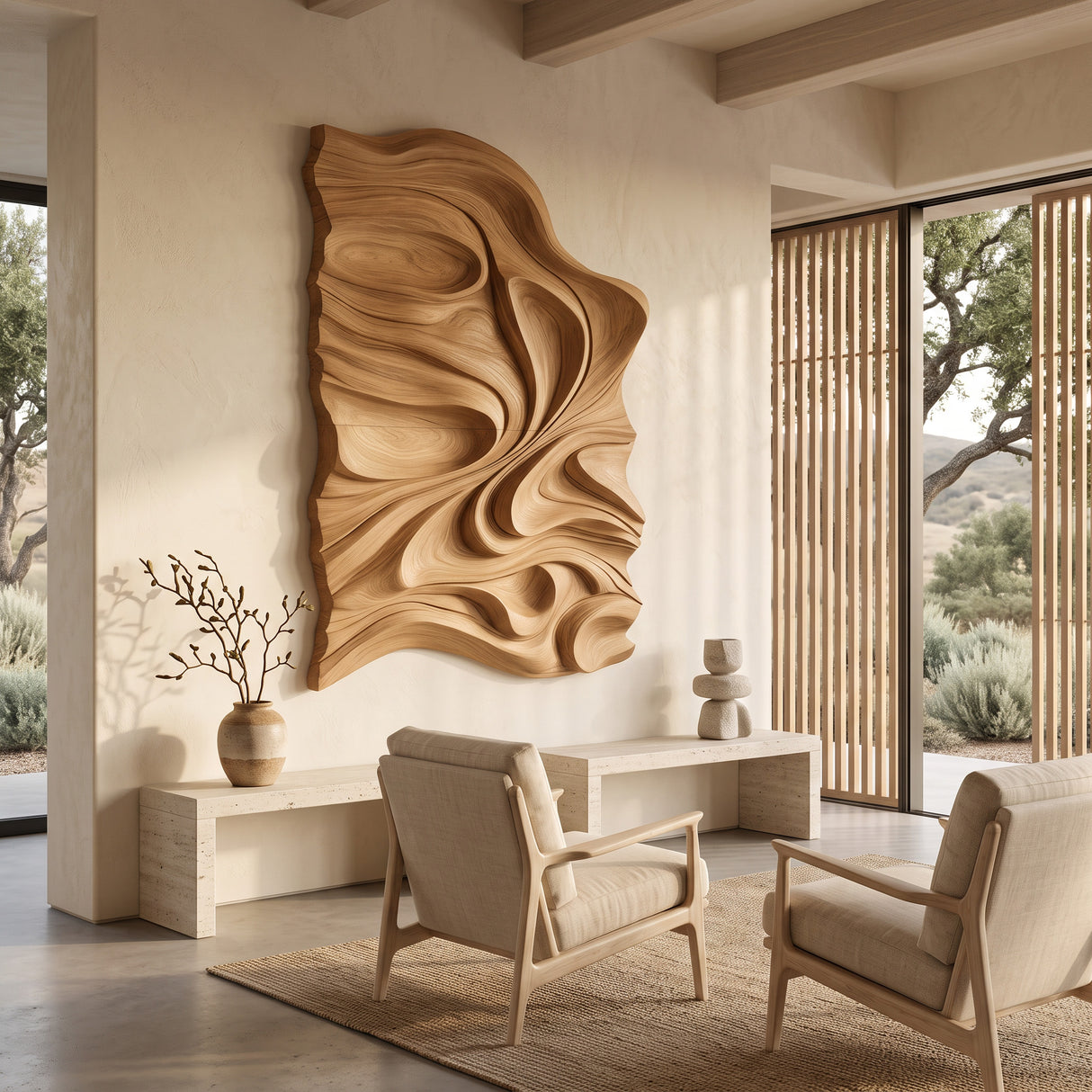 Organic Flowing Carved Wood Art Panel For Living Room