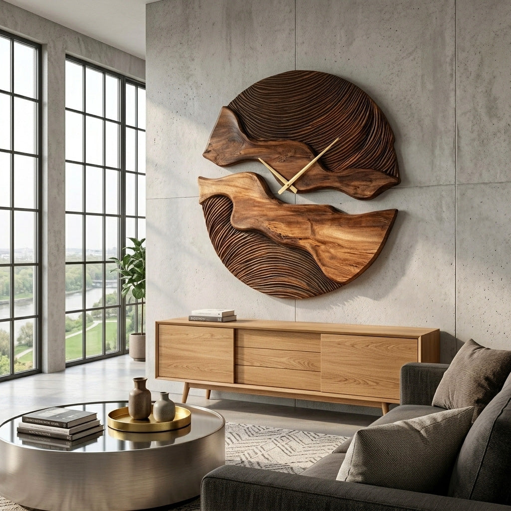 Organic Wooden Wall Clock With Unique Form For Living Room