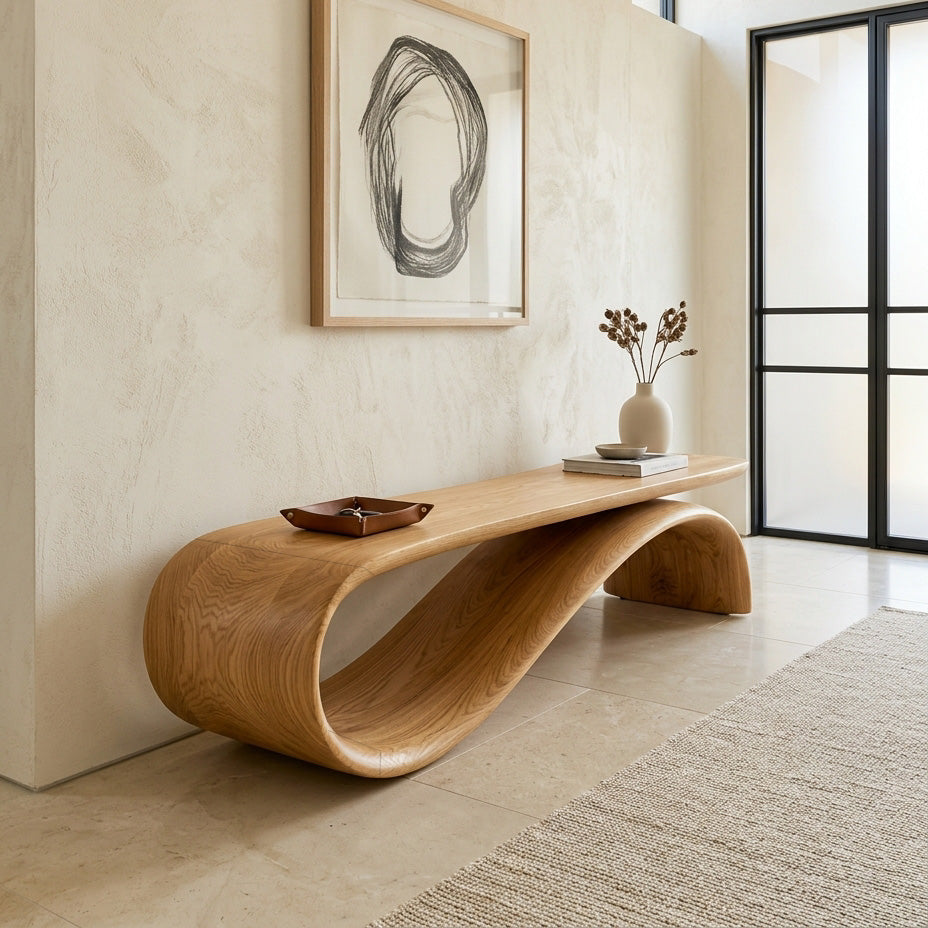 Modern Sculptural Wood Bench For Hallway Accent Decor