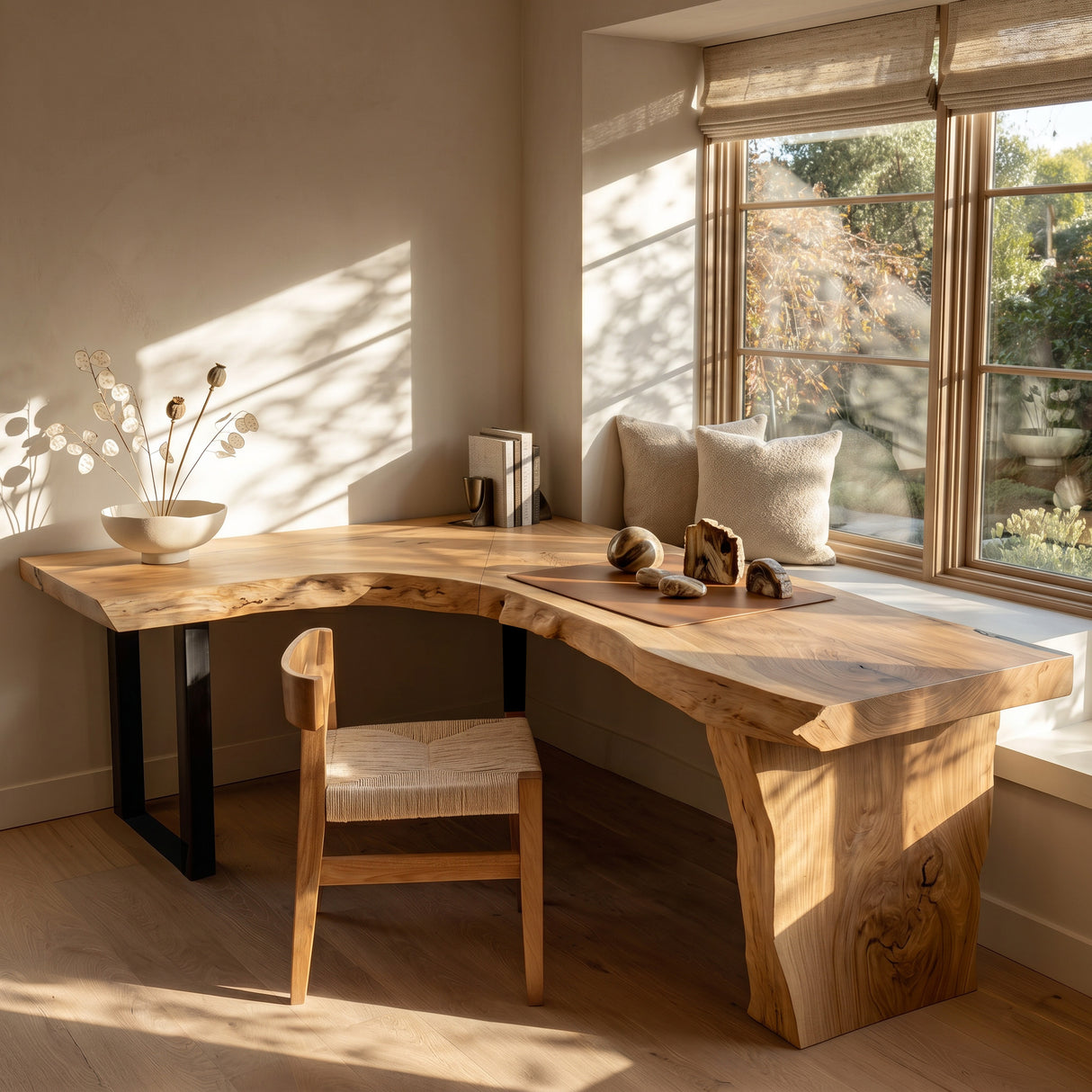 Organic Wooden L Desk With Live Edges For Minimalist Workspace