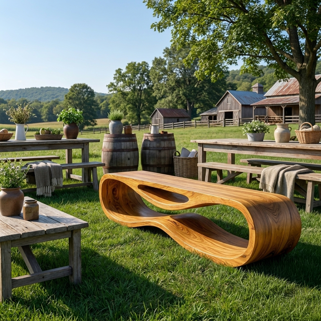Sculptural Wooden Bench With Unique Wave Base For Entryway