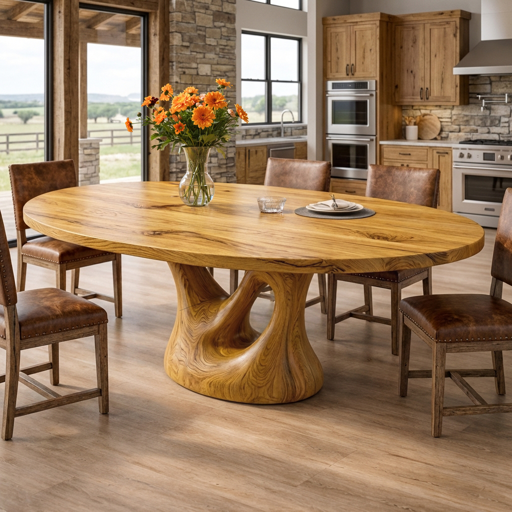 Farmhouse Wooden Dining Table With Sculptural Base For Dining Room