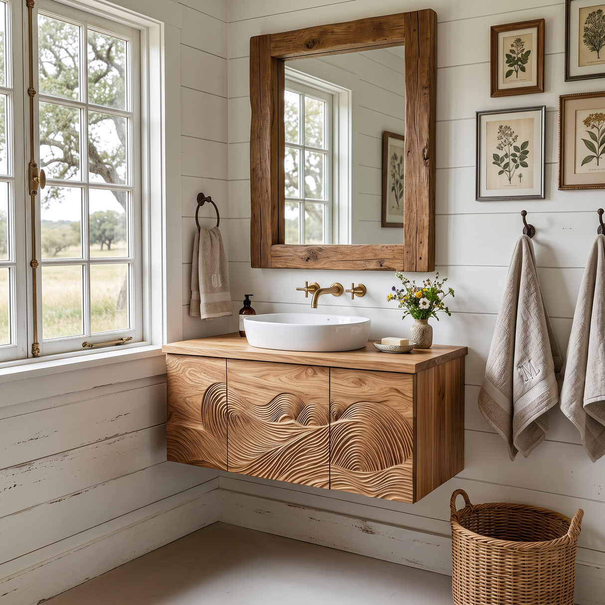 Sculptural Bathroom Vanity Wave Texture Wood Cabinet For Luxury Bathroom