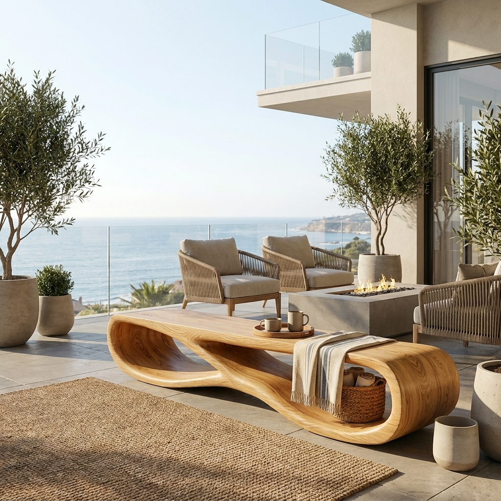 Organic Wooden Bench With Curved Base Form For Entryway Space