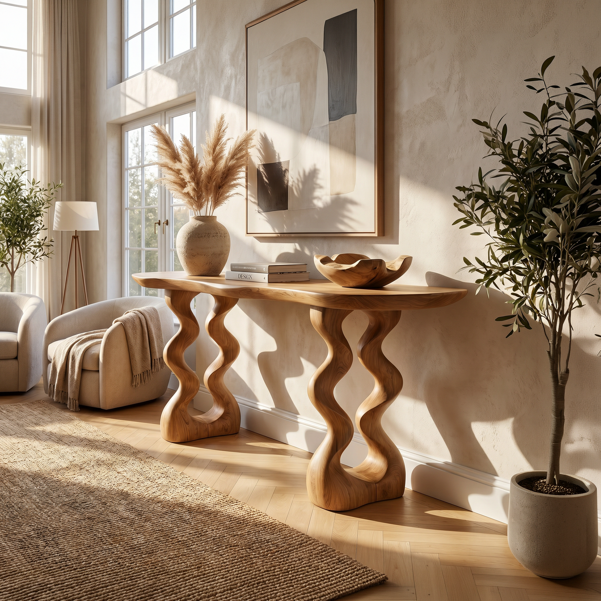 Mid Century Curved Entry Table For Luxury Interior Space