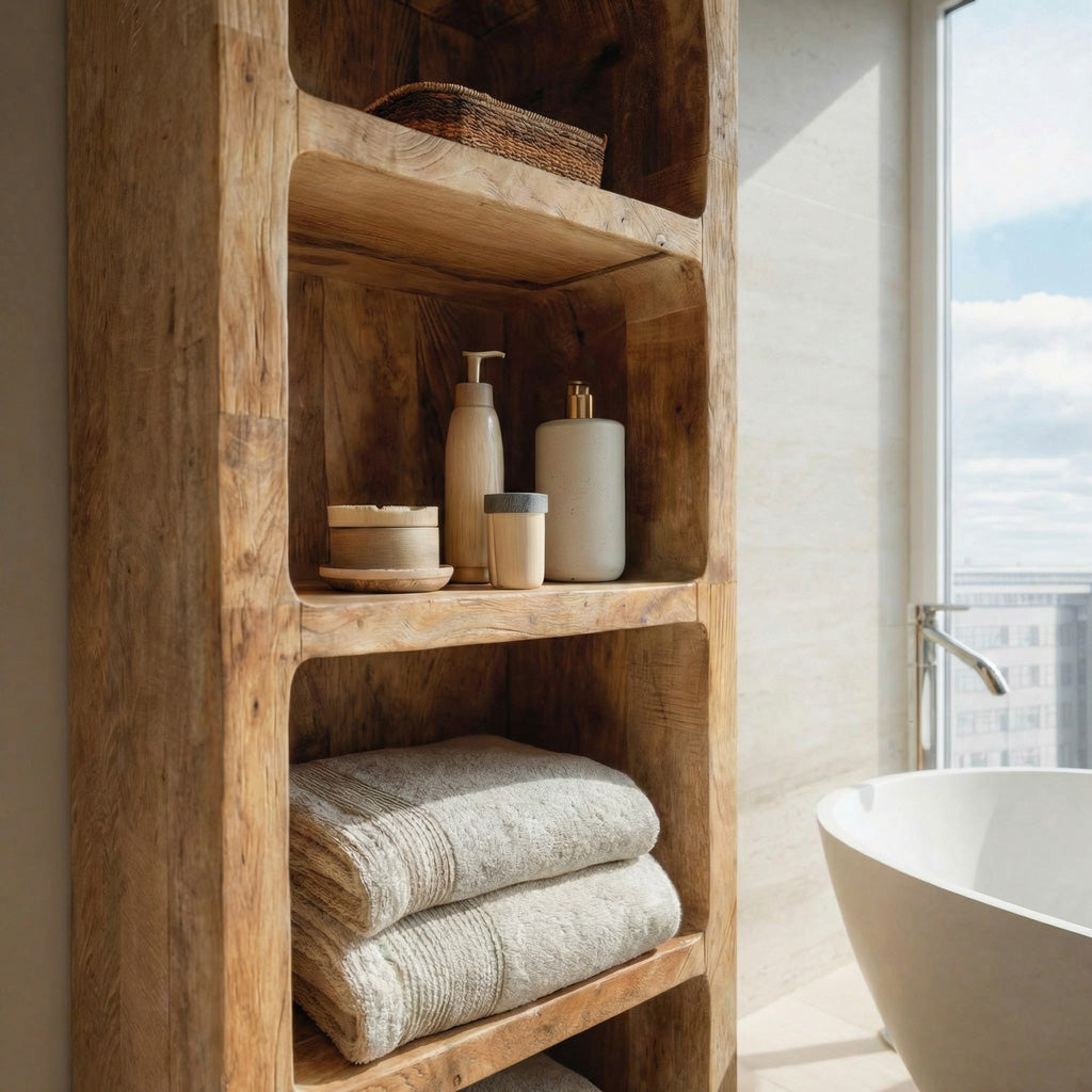 Minimalist Wooden Bathroom Cabinet With Four Tiers For Interior Decor