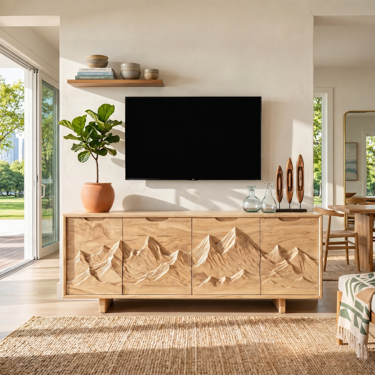 Mountain Carved Media Console For Rustic Living Room