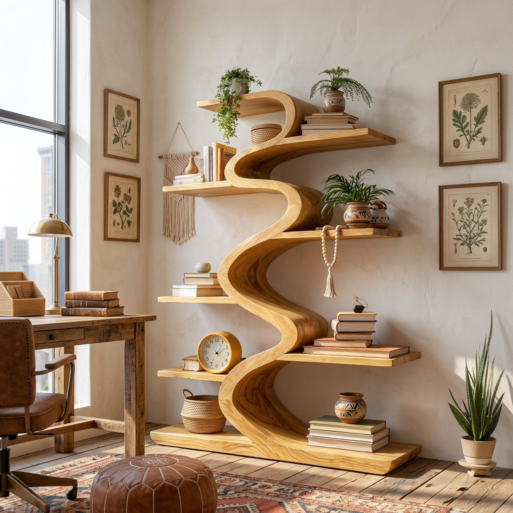 Modern Wooden Bookshelf Flowing Form For Living Room