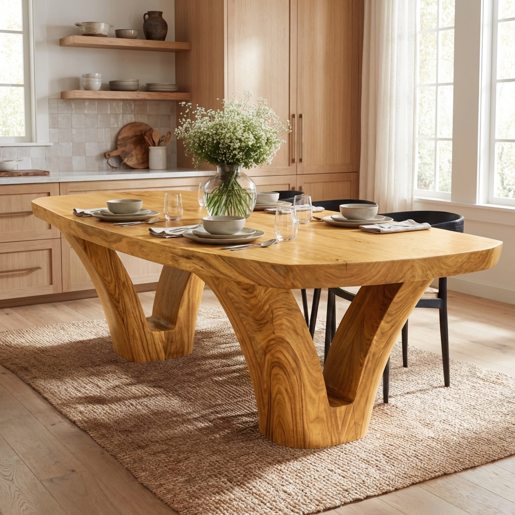 Modern Wooden Dining Table With Unique Base For Kitchen