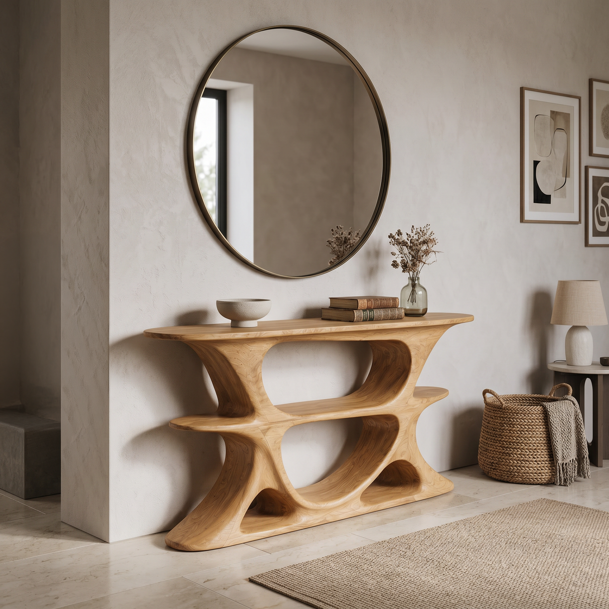 Organic Console Table With Multi Level Cutout Shelves For Living