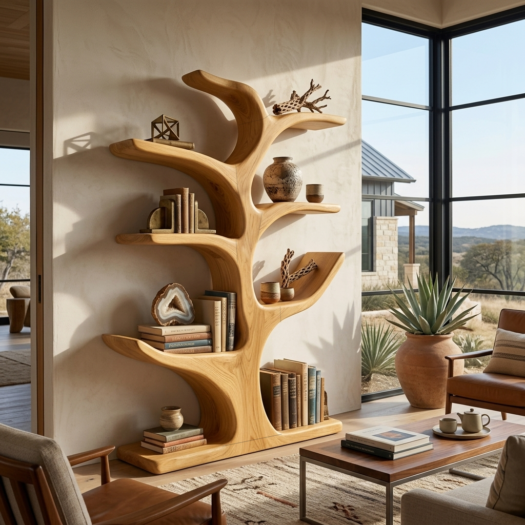 Contemporary Wood Bookshelf Sculptural Curved Design For Living Room