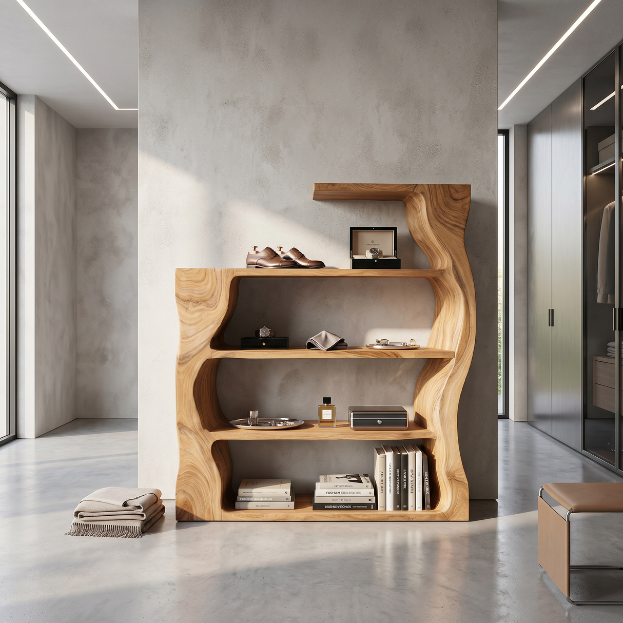 Organic Modern Wooden Bookshelf With Asymmetrical Curved Profile