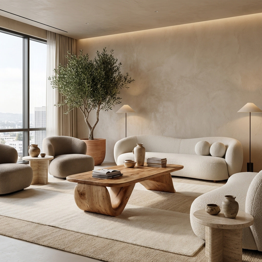 Organic Wood Coffee Table With Sculpted Curved Base For Living