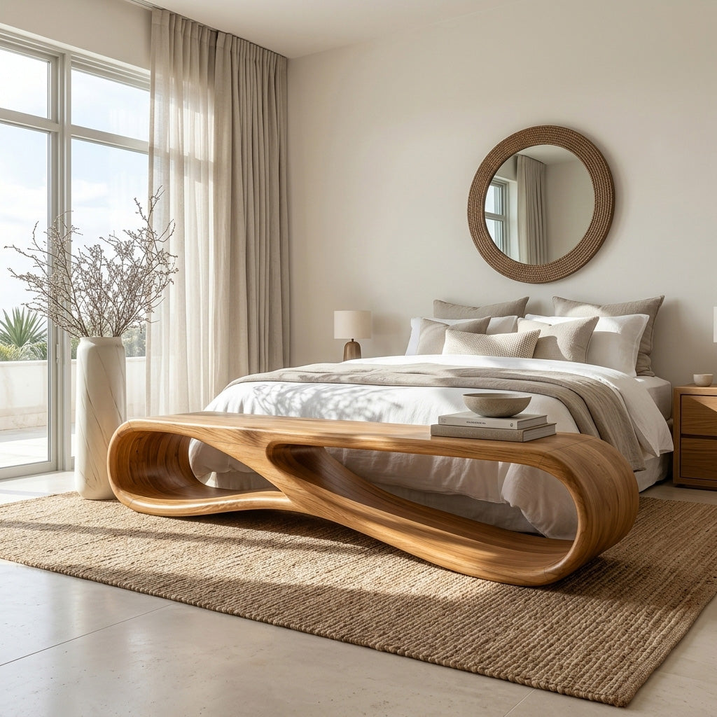 Modern Wood Bench With Sculptural Form For Entryway