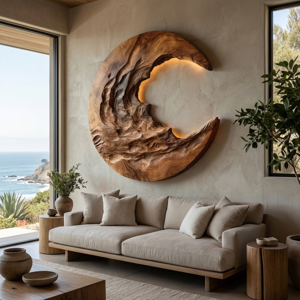 Organic Modern Crescent Wood Wall Art With Light For Living Room