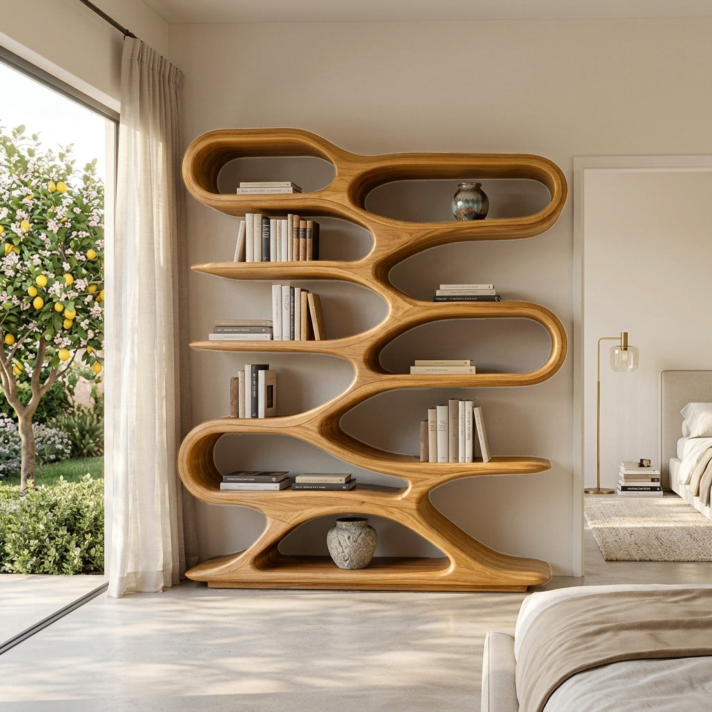 Organic Sculptural Wood Bookcase For Living Room Decor