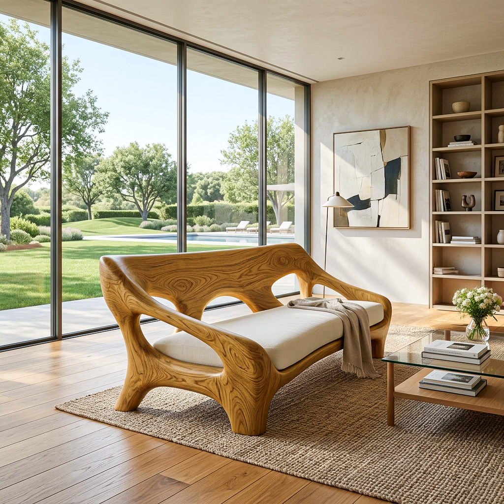 Modern Wood Sofa With Sculptural Open Frame For Living