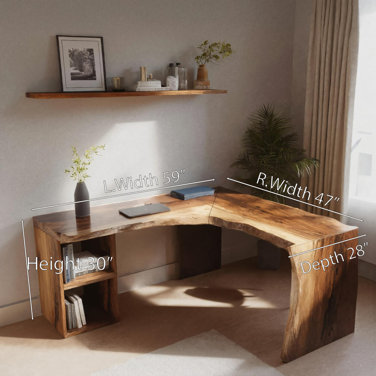 Rustic Live Edge L Shaped Desk With Bookshelf For Workspace