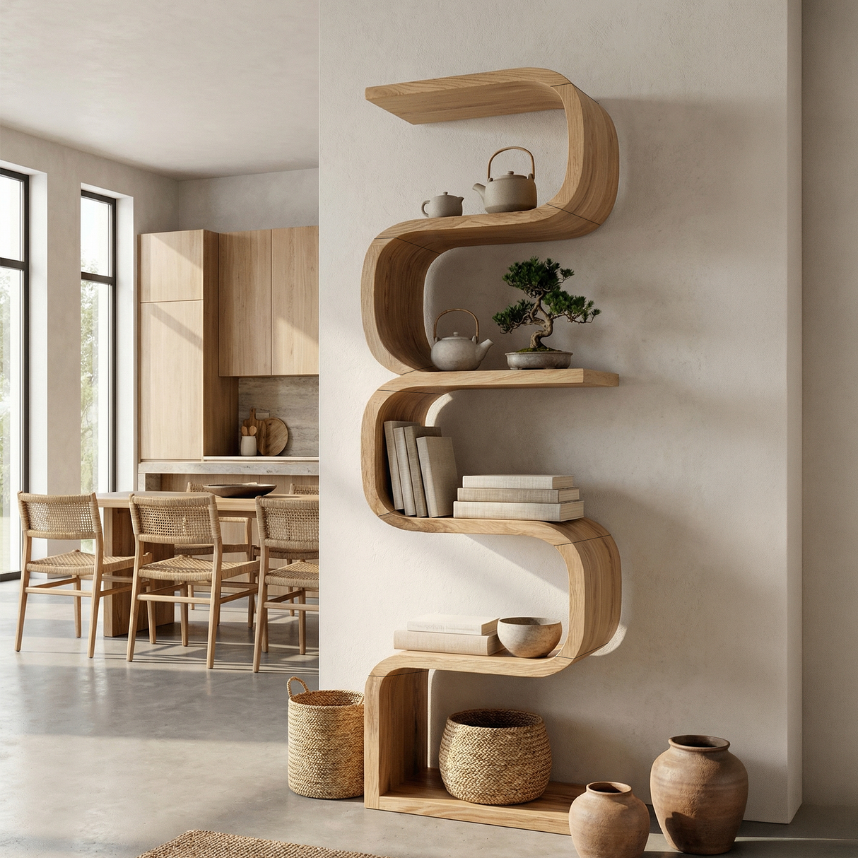 Rustic Farmhouse Wavy Bookshelf Bedroom Corner Display
