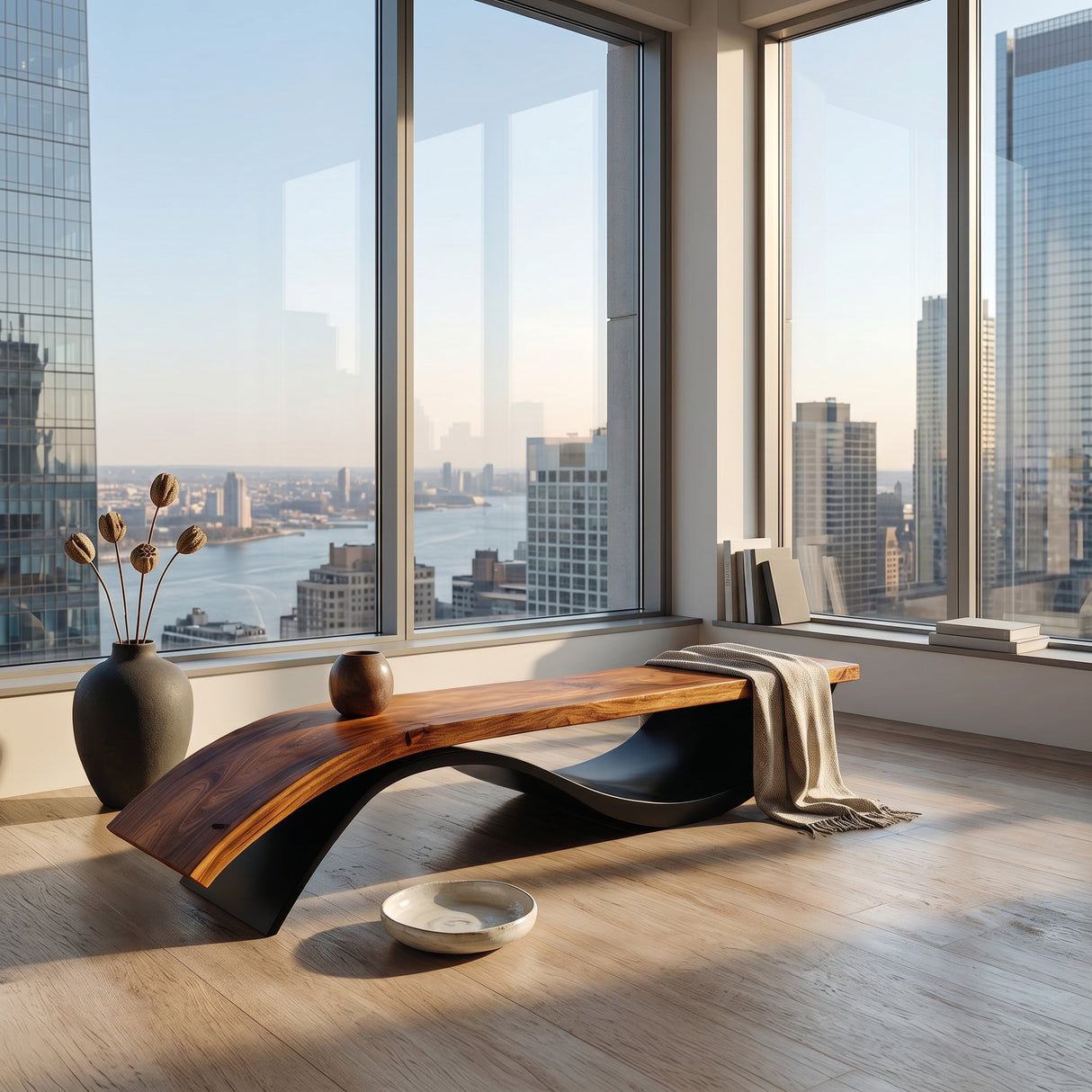 Handcrafted Wooden Bench With Unique Undulating Form For Living Room