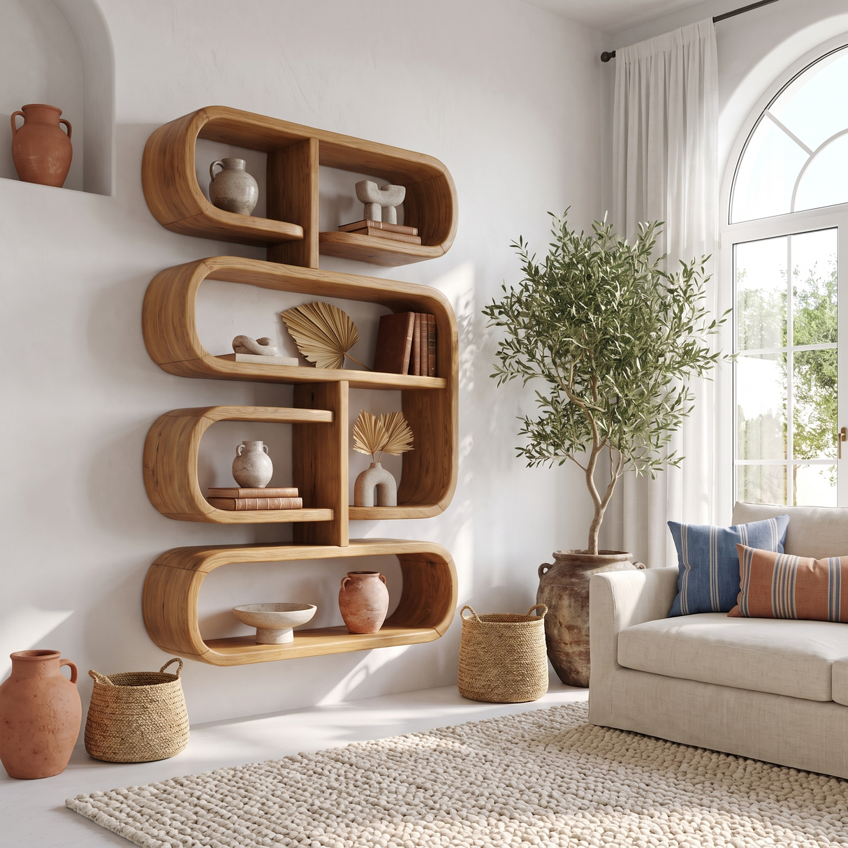 Mid Century Live Edge Display Shelf For Living Room Storage
