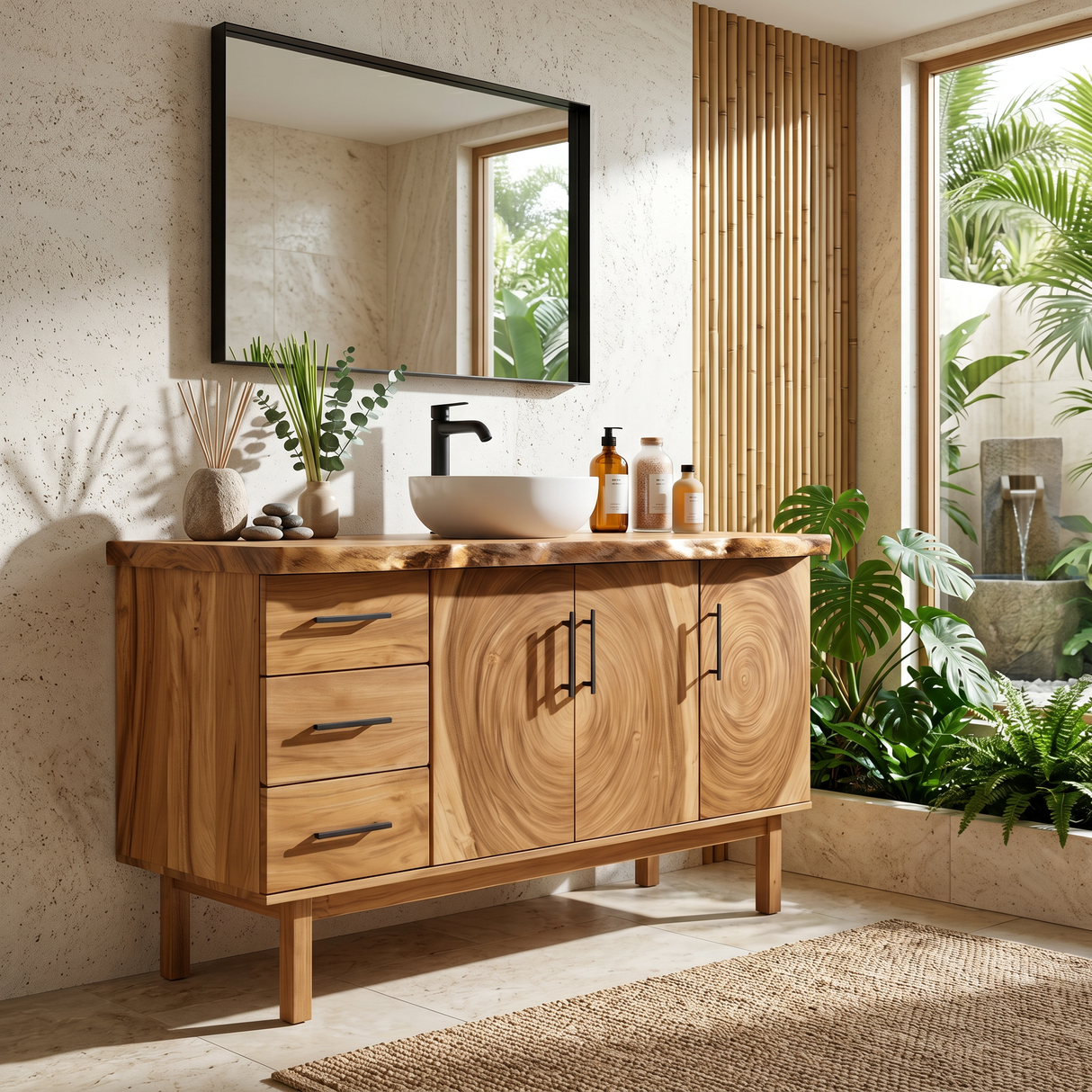 Tropical Natural Wood Vanity For Outdoor Bathroom