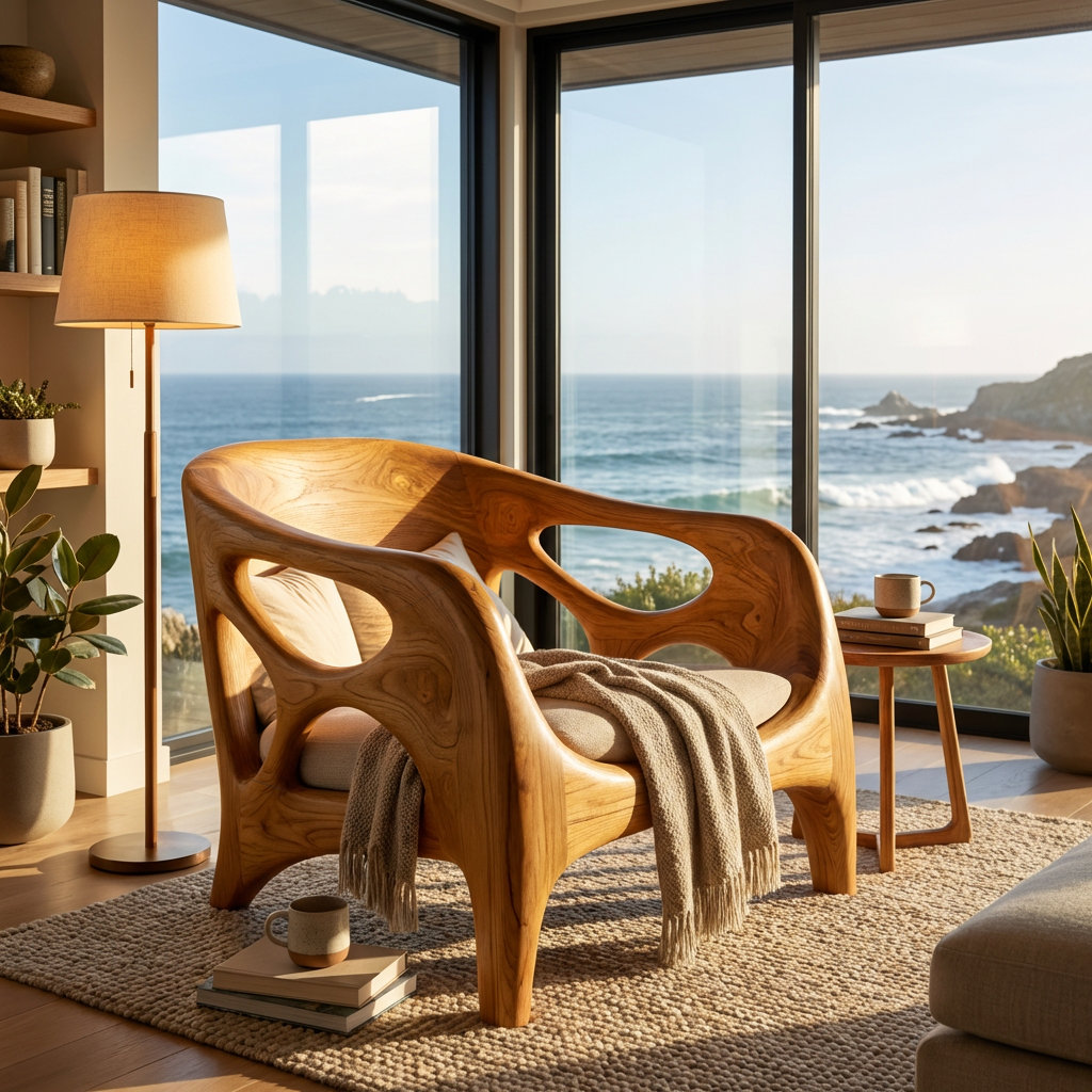 Sculptural Wooden Lounge Chair For Patio