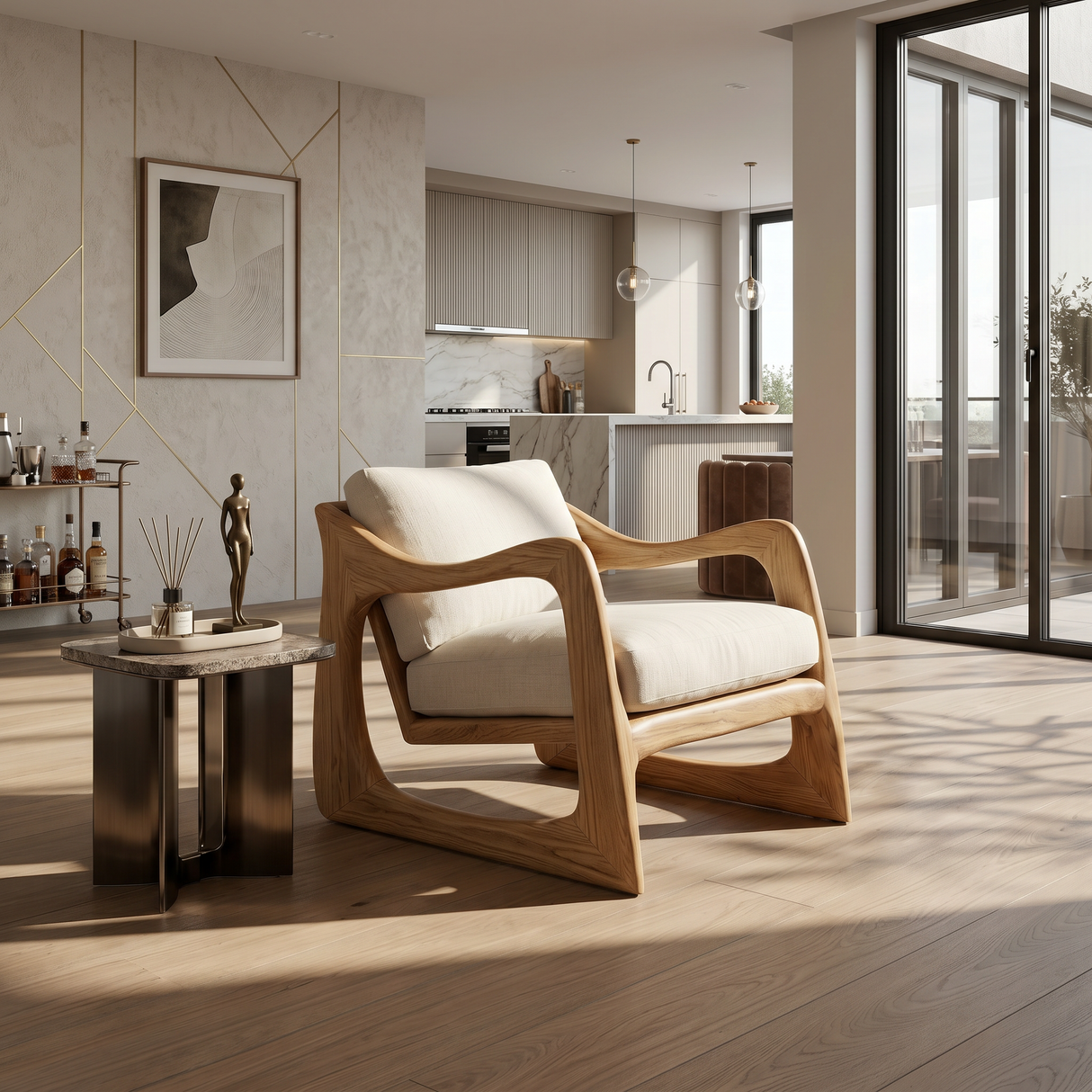 Coastal Luxury Accent Chair with Sculptural Wooden Craftsmanship
