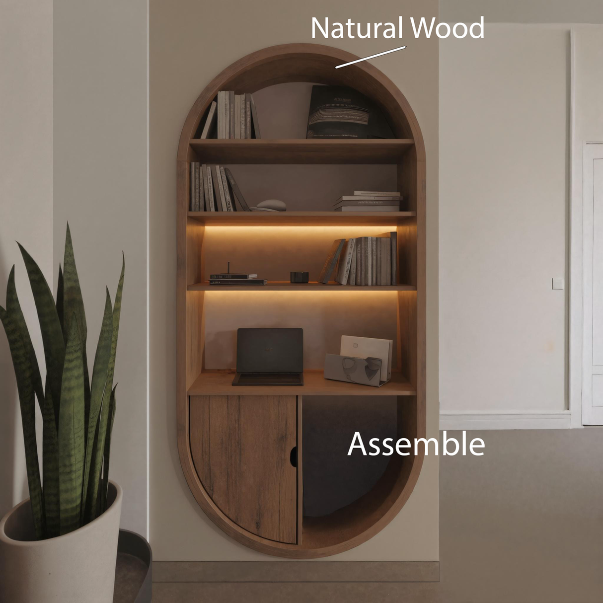 Arched Wooden Wall Bookshelf With Storage For Living Room