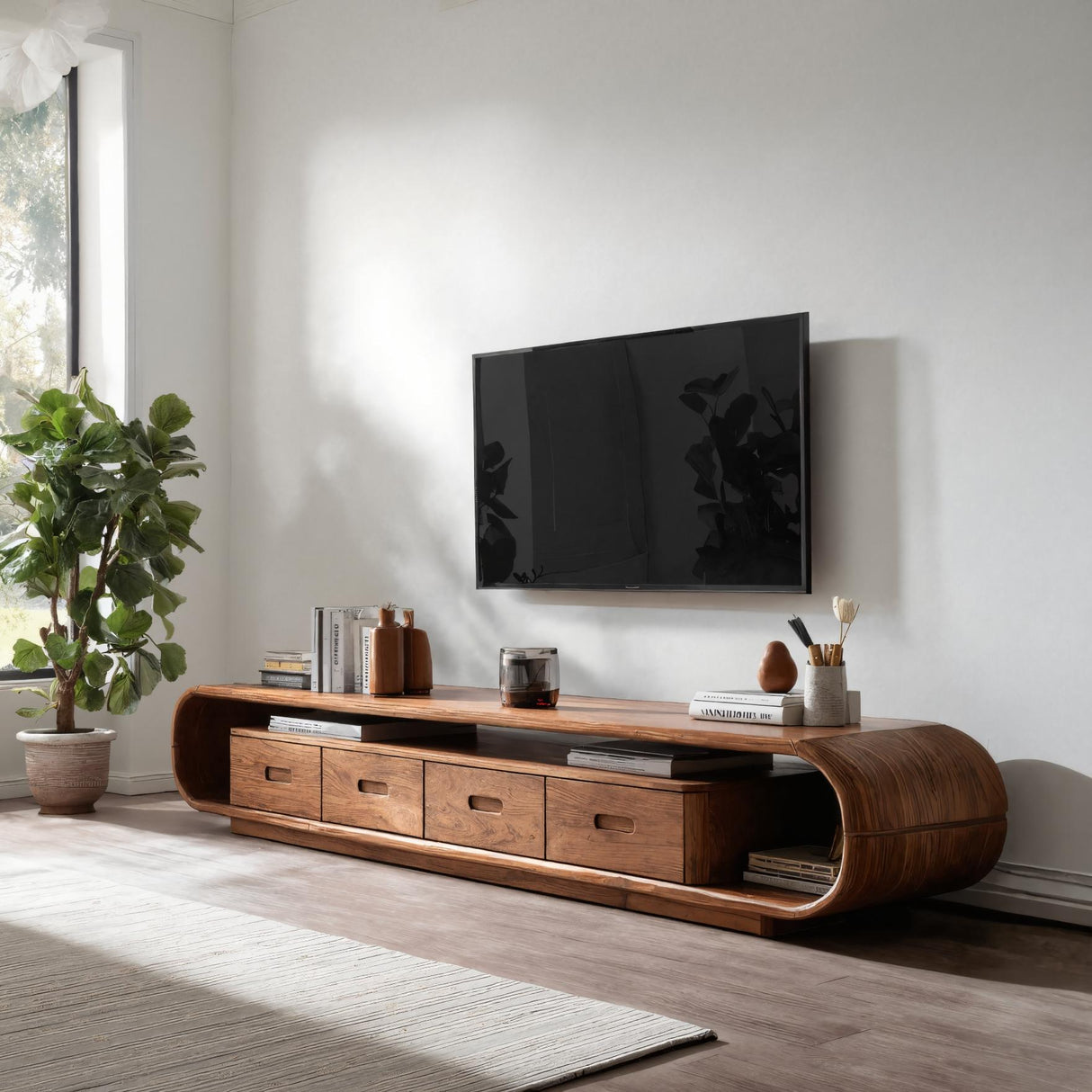 Modern Curved TV Stand With Drawer For Living Room
